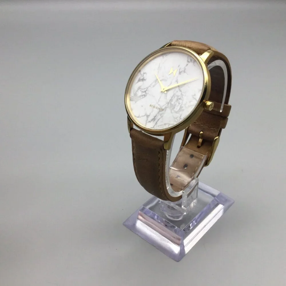MVMT Marble Watch Men 38mm Gold Tone Brown Leather Band New Battery